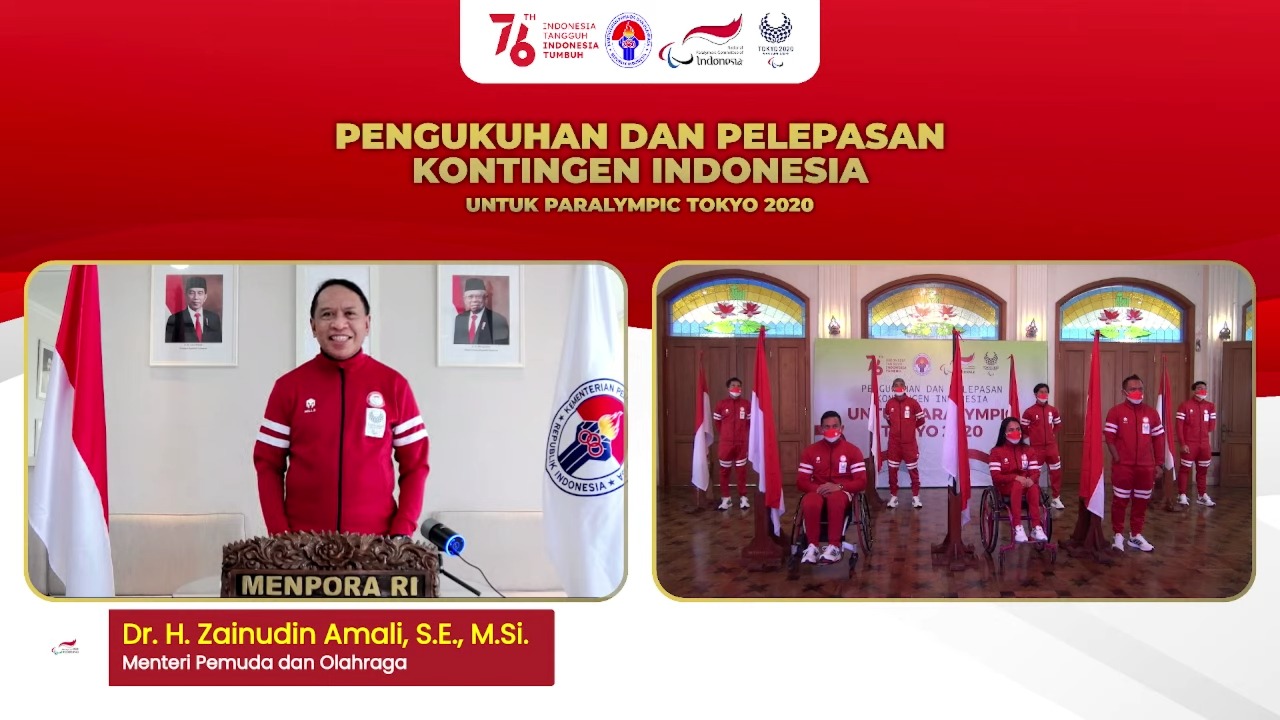 Menteri Pemuda dan Olahraga Republik Indonesia (Menpora RI) Zainudin Amali secara resmi mengukuhkan dan melepas Kontingen Indonesia untuk mengikuti Paralympics Tokyo 2020 secara virtual, Sabtu (14/8) pagi.(foto:putra/kemenpora.go.id)