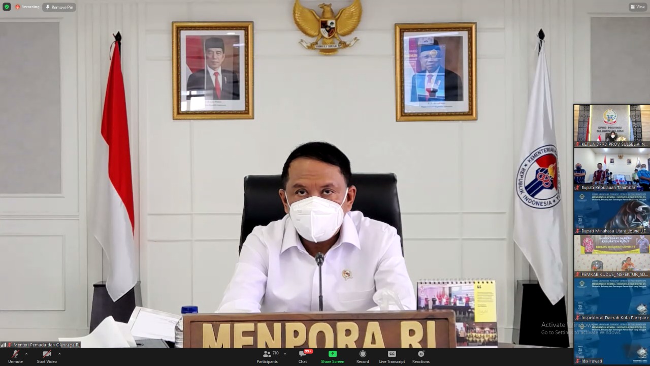 Hari Kamis (21/10) pagi, Menteri Pemuda dan Olahraga Republik Indonesia (Menpora RI) Zainudin Amali menghadiri Grand Launching Pendapat (Strategic Foresight) Badan Pemeriksa Keuangan (BPK RI) secara virtual dari Kantor Kemenpora, Senayan, Jakarta.(foto:ra