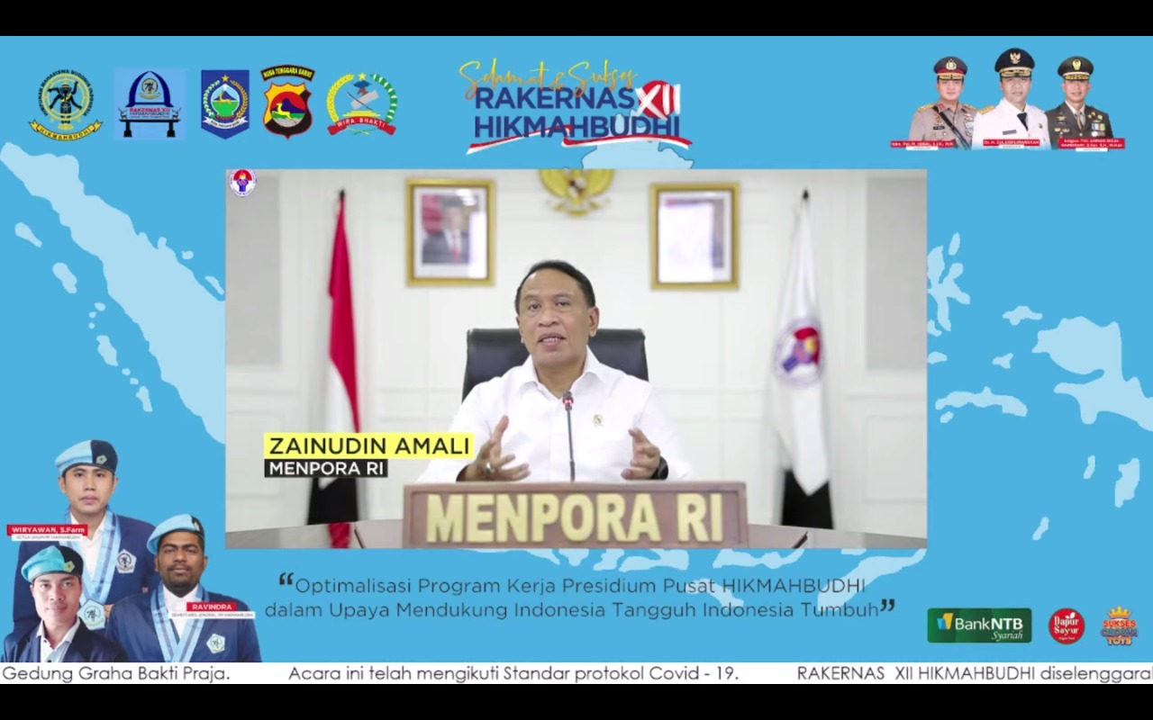 Menteri Pemuda dan Olahraga Republik Indonesia (Menpora RI) Zainudin Amali menghadiri rapat kerja nasional (Rakernas) Himpunan Mahasiswa Buddhis Indonesia (Hikmahbudhi) secara virtual dari Jakarta, Sabtu (30/10). Dalam pertemuan rapat kerja ini, Menpora A