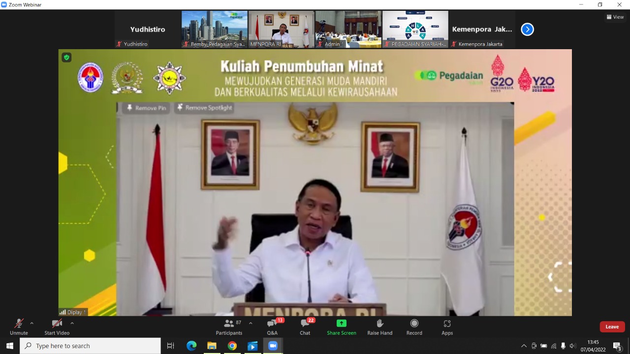 Menteri Pemuda dan Olahraga Republik Indonesia (Menpora RI) Zainudin Amali membuka kuliah penumbuhan minat kewirausahaan kepada pemuda Samarida, Kalimantan Timur. Dalam kesempatan ini, Menpora Amali menekankan pentingnya kalangan anak muda menciptakan lap
