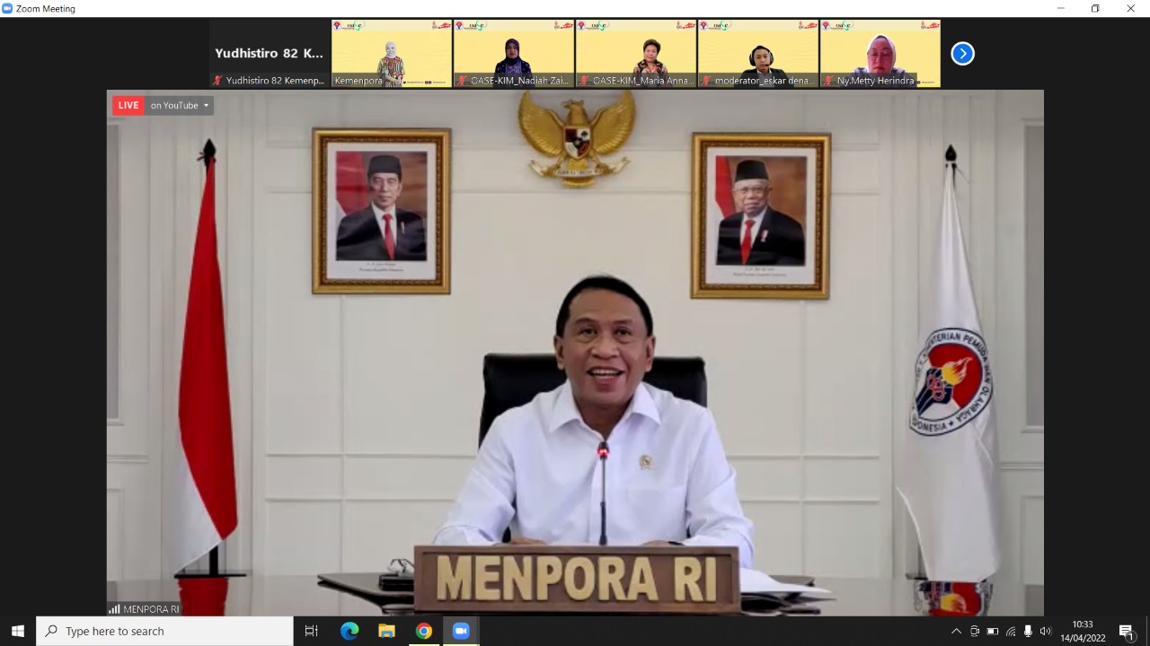 Menteri Pemuda dan Olahraga Republik Indonesia (Menpora RI) Zainudin Amali membuka webinar kerja bareng Organisasi Aksi Solidaritas Era Kabinet Indonesia Maju (OASE-KIM) dengan Kementerian Pemuda dan Olahraga (Kemenpora), Kamis (14/4) pagi. (foto:bagus/