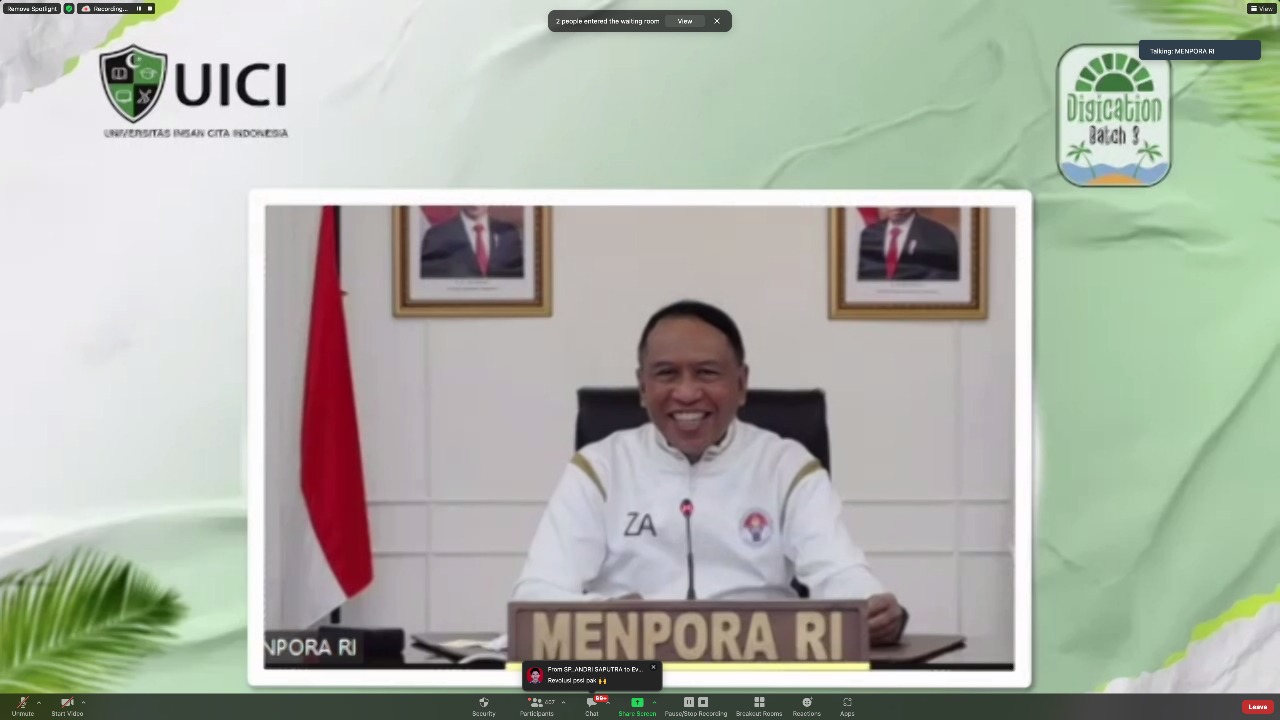 Menteri Pemuda dan Olahraga Republik Indonesia (Menpora RI) Zainudin Amali memberikan Pesan Kebangsaan dengan tema "Membangun Mental Konsistensi dan Produktivitas Generasi Milenial" kepada mahasiswa Universitas Insan Cita Indonesia (UICI) secara virtual, 
