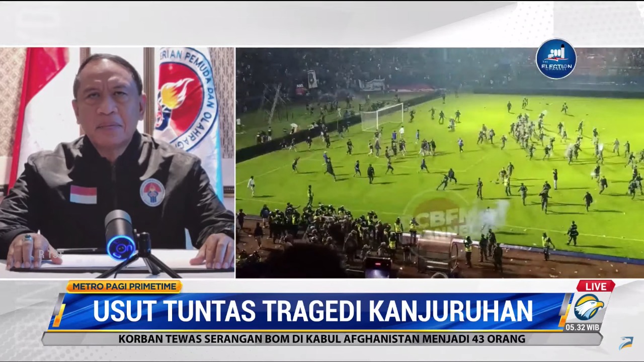 Menteri Pemuda dan Olahraga Republik Indonesia (Menpora RI) Zainudin Amali selaku Wakil Ketua Tim Gabungan Independen Pencari Fakta (TGIPF) Kerusuhan Stadion Kanjuruhan, menjadi narasumber acara Prime Time Pagi, Metro TV secara live daring dari Malang, Ja