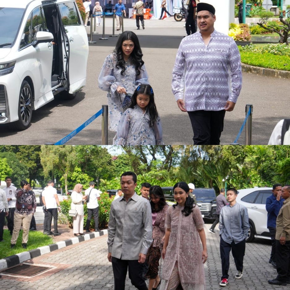 Menteri Pemuda dan Olahraga Republik Indonesia (Menpora RI) Dito Ariotedjo dan Wakil Menteri Pemuda dan Olahraga (Wamenpora) Taufik Hidayat menghadiri Open House  Idul Fitri 2025/1446 yang digelar oleh Presiden Prabowo Subianto di Istana Negara, Jakarta, 