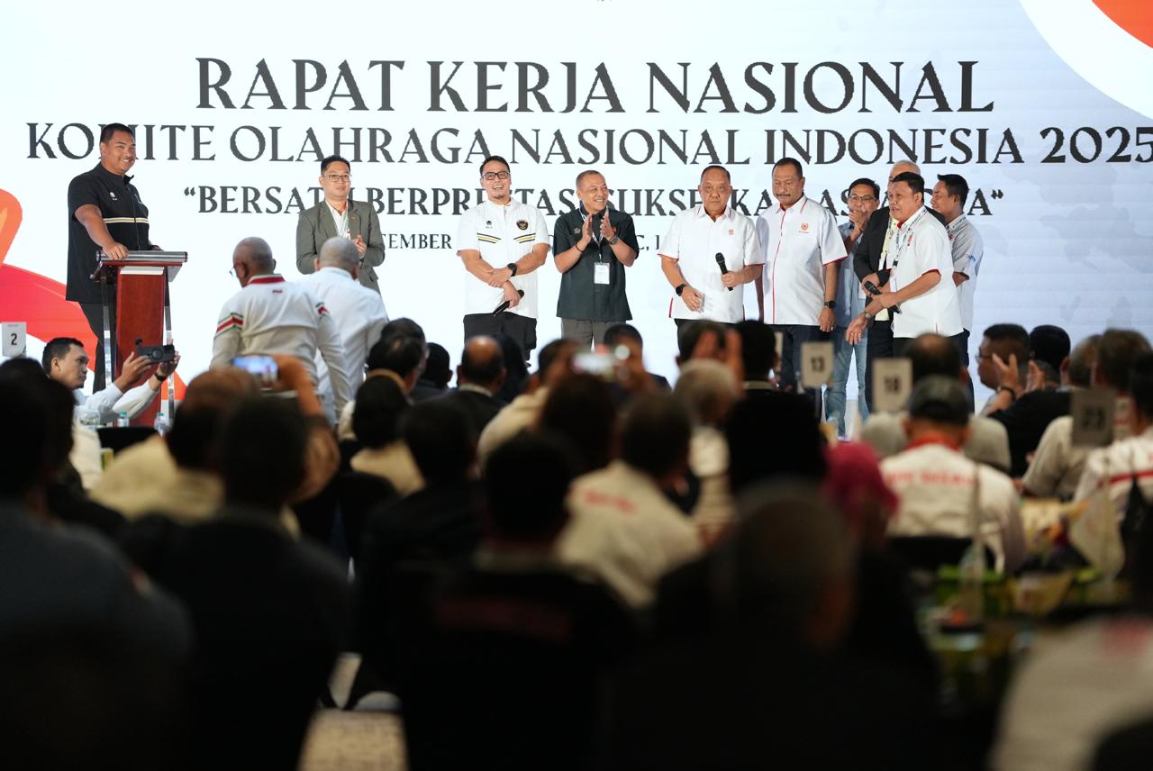 Menteri Pemuda dan Olahraga (Menpora) RI Dito Ariotedjo secara langsung mengajak peserta Rapat Kerja Nasional (Rakernas) Komite Olahraga Nasional Indonesia (KONI) Pusat Tahun 2025 di Jakarta International Convention Center (JICC), Senayan, Sabtu (6/9) pag
