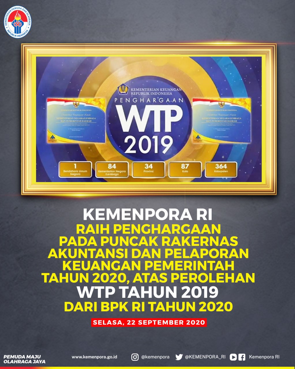 Kemenpora RI mendapat penghargaan dari Kemenkeu RI atas perolehan WTP tahun 2019